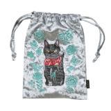 Nathalie Lete Velour Drawstring pouch Lucky cat-BK